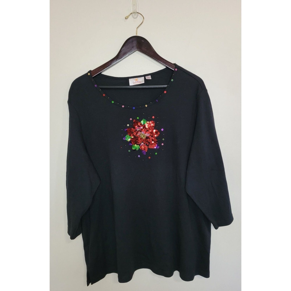 Quacker Factory Womens Size 2x Long Sleeve‎ Flower Bling T-Shirt